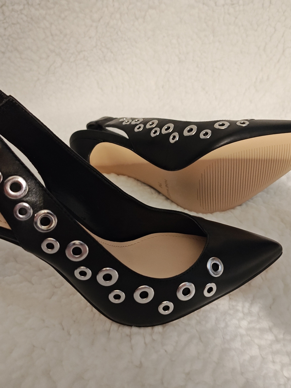 Nine West Tatin Black Pointed Toe Slingback Pumps with Silver Grommets